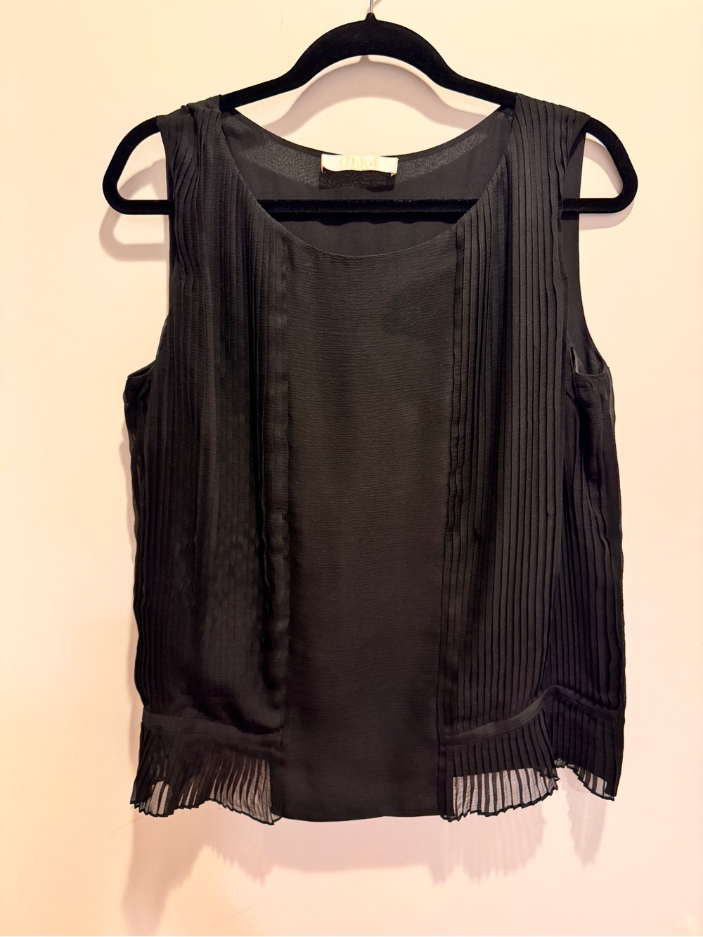 Chloe Black 100% Silk Pleated Sleeveless Tank Top Blouse Size M (Fits US 6/8)